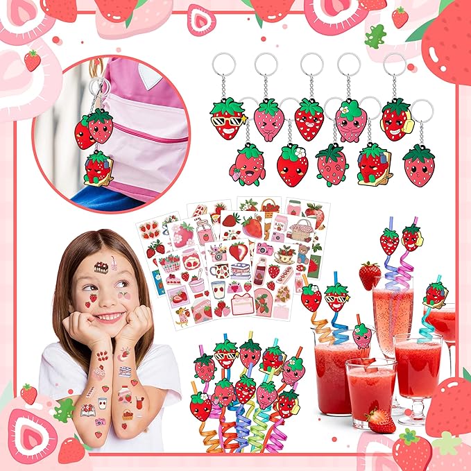 WHALEISLAND Strawberry Party Favor Sweet Berry gift bag Stickers Stampers Keychain Paper Straws Gift Rewards for Kids Girls Birthday Supplies