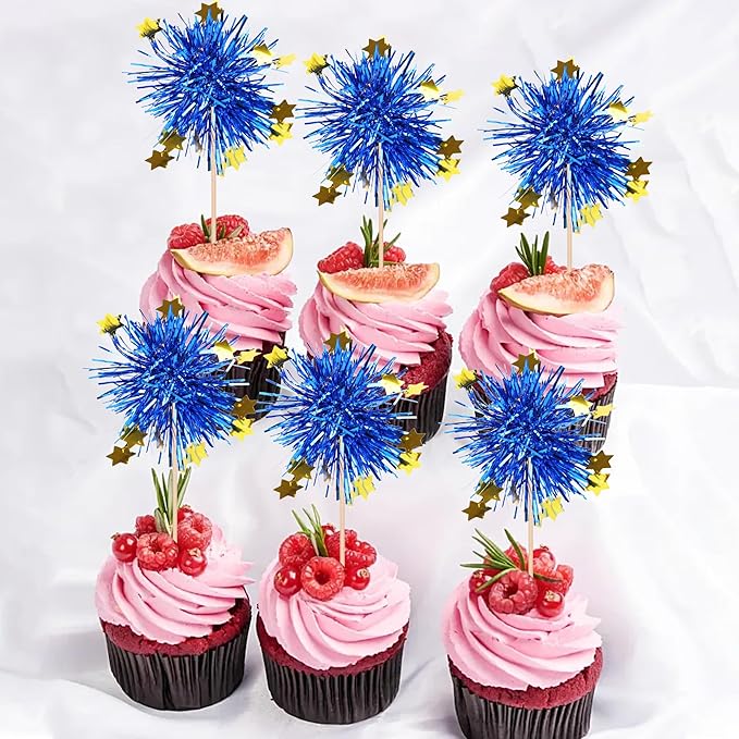 30 PCS Foil Firework Cupcake Toppers Happy Birthday Star Cupcake Picks Sparkle Tinsel Drink Stirrers Cocktail Fruit Toothpicks for Valentine's Day Wedding Birthday Party Decorations Supplies Blue