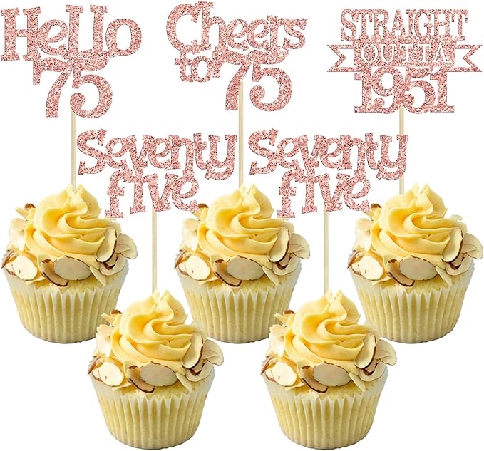 Ephlyn 24Pcs 75th Birthday Cupcake Toppers Glitter Straight Outta 1951 Cupcake Picks Hello 75 Cheers to 75 Years Cake Decorations for 75th Birthday Anniversary Party Decorations Supplies Rose Gold