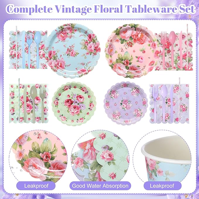 450 Pcs Vintage Floral Tableware Set Tea Party Decorations Floral Paper Plates Disposable Napkins Cups Cutlery Straws for Tea Party Birthday Baby Bridal Shower Wedding Supplies, Serves 50
