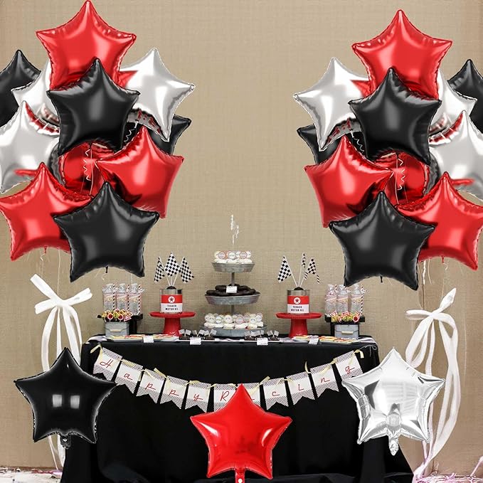 Black Red Star Balloons, 18 Inch 12Pcs Black Red and Metallic Silver Star Shape Foil Balloon, Large Helium Pentagram Balloons for Kids Birthday Casino Racing Car Poker Theme Halloween Party Decor