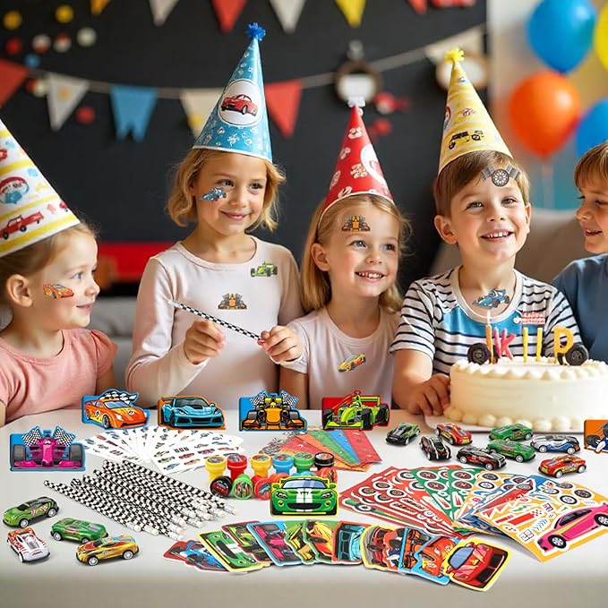 BenLouis 96Pcs Race Car Party Favors Racing Theme School Stationery Set Bulk for Kids Fast Racecar Wheel Birthday Party Goodie Bag Stuffers Classroom Gifts Rewards Pinata Filler