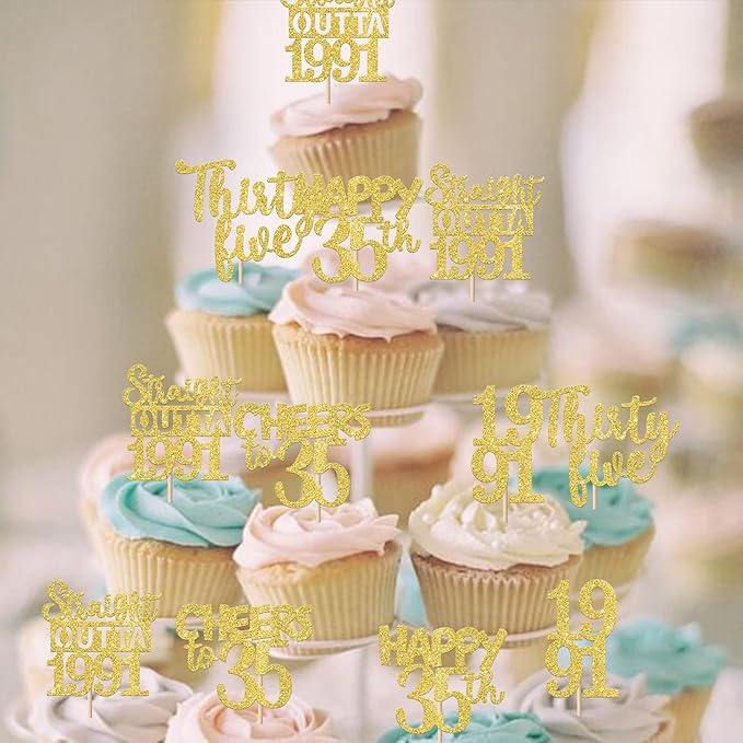 30PCS Straight Outta 1991 Cupcake Toppers Gold Glitter Thirty Five Happy 35th Birthday Cupcake Picks Cheers to 35 Years Cake Decorations for 35th Birthday Anniversary Party Decoration Supplies