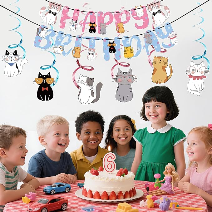 Cat Theme Birthday Party Supplies,15 PCS Happy Birthday Banner-NO DIY,6 Hanging Cutouts,6 Hanging Swirl Decor,1 Cake Topper,12 Cupcake Toppers,3 Birthday Honeycomb Party Decoration