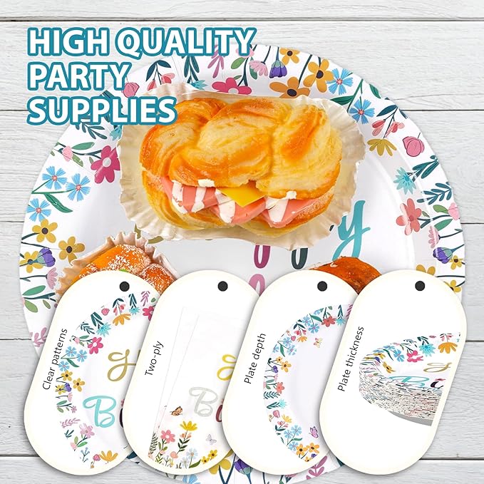 96Pcs Spring Flower Birthday Party Decorations Colorful Wildflower Plates and Napkins Groovy Boho Floral Leaf Disposable Paper Tableware Set for Wedding Tea Garden Party Supplies Serves 24