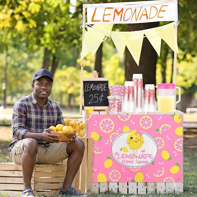 45" x 31" Lemonade Tablecloth for Lemonade Stand Supplies Lemon Table Cover for Lemon Party Supplies Summer Beach Picnic Birthday Party Decorations(Pink)