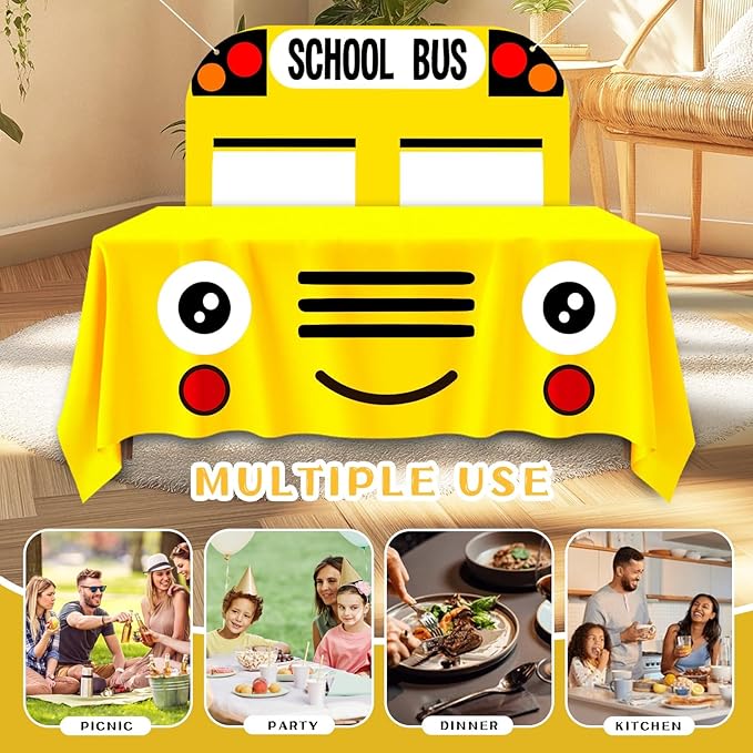 Cumule 2 Pcs School Bus Party Decorations First Day of School Backdrop and Tablecloth Washable Washable School Bus Polyester Tablecover for Back to School Day Graduation Party Favor