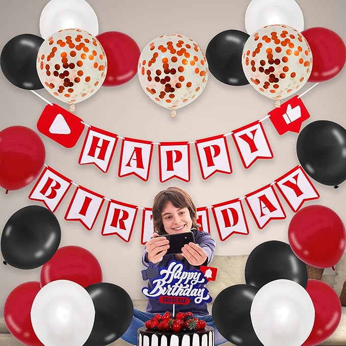 YouTube Themed Party Supplies, YouTube Inspired Birthday Banner Social Media Cake Topper for Subscribe Play Video Theme Birthday Party Decorations