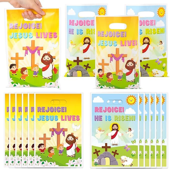 Easter Religious Party Favor Bag - 50Pcs He is Risen Rejoice Goodie Treat Candy Gift Bags Christian Cross Jesus Lives Party Supplies for Spring Easter Bible Sunday School Jesus Birthday VBS Church