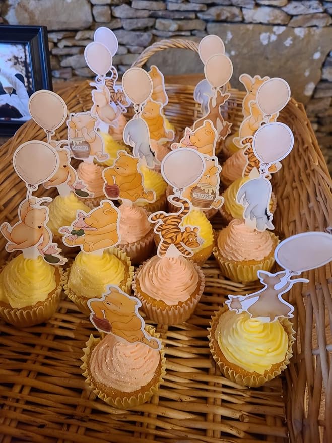25PCS Winnie Cake Topper and Cupcake Toppers Kit For Baby Shower Decorations Boys Pooh Birthday Cake Decorations Oh Baby Party Supplies
