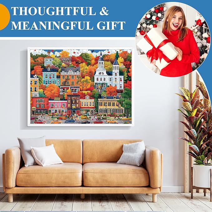 500 Piece Puzzle for Adults | Town in Autumn Street Puzzle | Recycled Cardboard Fall City Landscape Jigsaw Puzzle 500 Pieces | Challenging Game Home Decor Birthday Party Gift for Adults Seniors
