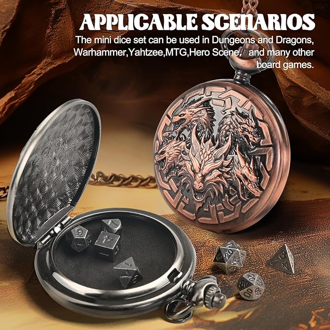 D&D Dice Set,7PCS Metal Dice for Dungeons and Dragons,Mini Dice Set with Pocket Watch Case,Role Playing Board Games Accessories (Dragon, Copper)