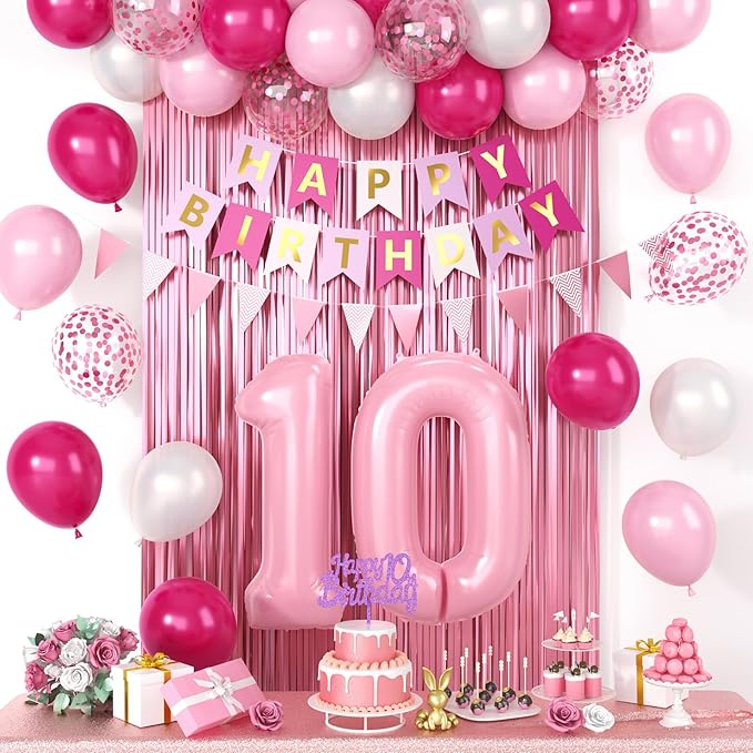 10th Birthday Decorations Pink, Happy 10th Birthday Party Decorations With Number 10 Balloons Pink Confetti Hot Pink Balloons Fringe Curtain Banner Cake Topper For Girl 10th Party Supplies