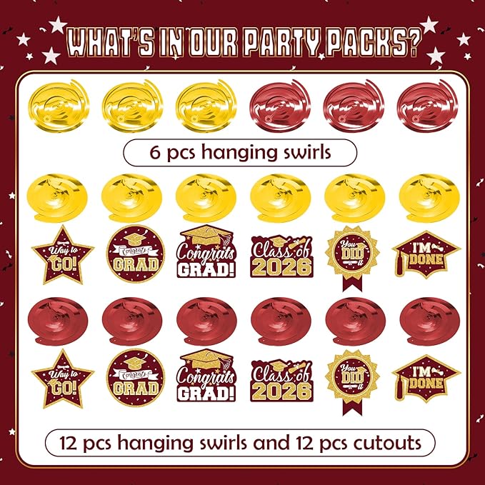 2026 Graduation Party Decorations - 30 Pcs Maroon Gold Class of 2026 Congrats Grad Hanging Swirl Ceiling Decor for Home School Classroom Graduation Party Supplies