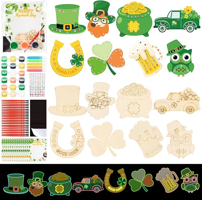 Bafeil 24 Set St. Patrick's Day Crafts for Kids - Color Your Own Art St. Patrick's Day Coloring Craft with Magnets Paints- Non-Toxic DIY Wood Paint Crafts Kits- St. Patrick's Activities for Classroom