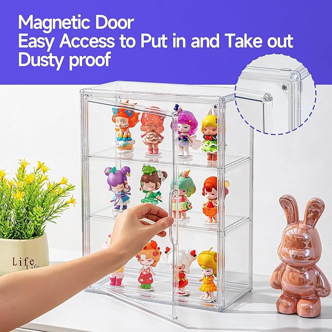 2 Pack Clear Display Case for Figures with Magnetic Door, Acrylic Display Cases for Collectibles, 3Tiers Acrylic Storage Organizers Box, Desktop or Wall-Mounted Showcase for Collectibles Action Figure
