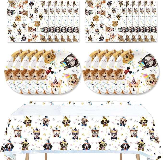 41pcs Dog Party Supplies ,include 20 Plates, 20 Napkin and 1pcs Tablecloth,Used for Pet Dog Birthday Party Decoration