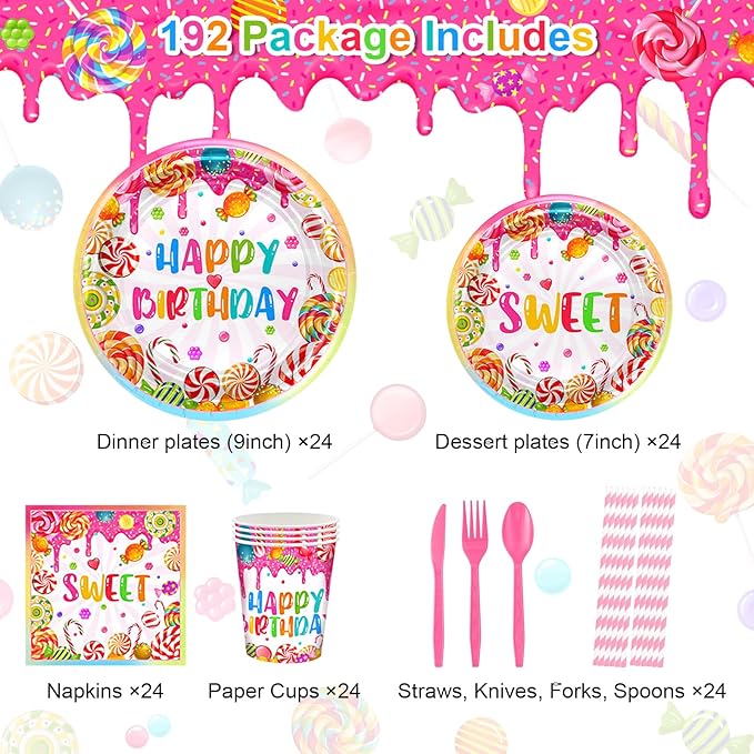Avezano 192 Pcs Candyland Party Decorations Lollipop Dessert Theme Birthday Party Decorations Disposable Candy Land Tableware Party Supplies Paper Plates Napkins Forks Set for 24 Guests