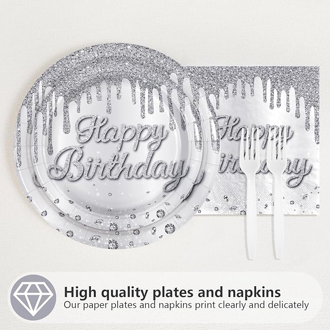 96 Pcs Silver Glitter Party Supplies Silver Plates and Napkins Glitter Diamonds Theme Birthday Decorations for Denim and Diamonds Wedding Silvers Birthday Party Decorations Serves 24