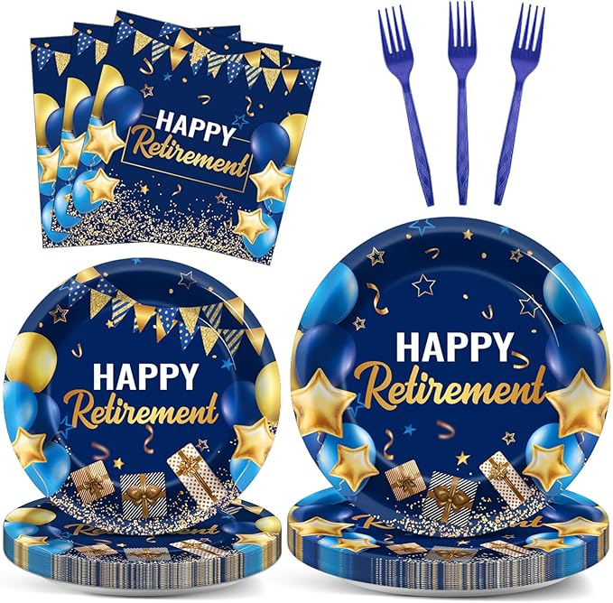 96 Pcs Retirement Party Supplies Paper Plates Napkins Blue Gold Happy Retirement Party Tableware Decorations Favors for Men Women Decor Serves 24