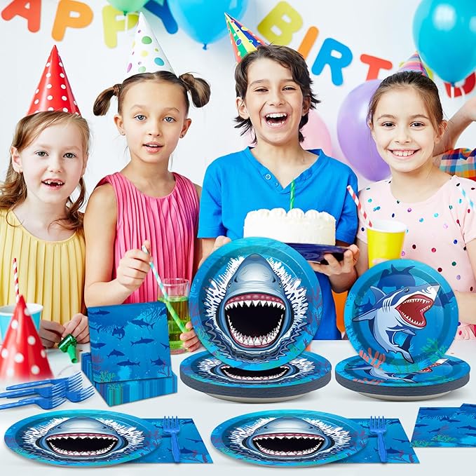 24 Guests Shark Theme Party Decorations Under the Sea Party Tableware Set Shark Baby Shower Plates Napkins and Forks Ocean Birthday Table Decorations Supplies 96Pcs
