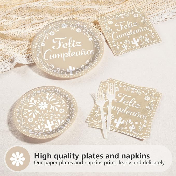 96Pcs Feliz Cumpleaños Party Supplies Floral Mexican Fiesta Happy Birthday Plates and Napkins Mexico Clay White Flowers Cactus Cino De Mayo Tableware Set for Birthday Party Decorations Serves 24