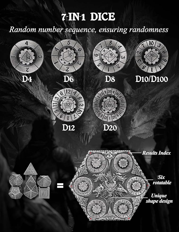 D&D Dice Set,7PCS Metal Dice for Dungeons and Dragons,Mini Dice Set with Pocket Watch Case,Role Playing Board Games Accessories (Dragon, Ancient Silver-S)