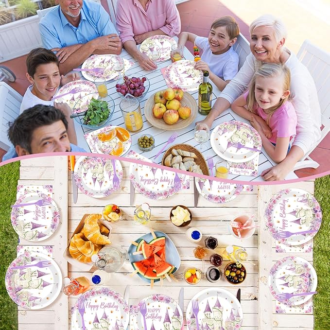 96Pcs Princess Birthday Party Supplies Purple Tower Castle Party Plates and Napkins Disposable Purple Princess Themed Tableware Set Fairytale Party Tableware for Girls Women Wedding Serves 24 Guests