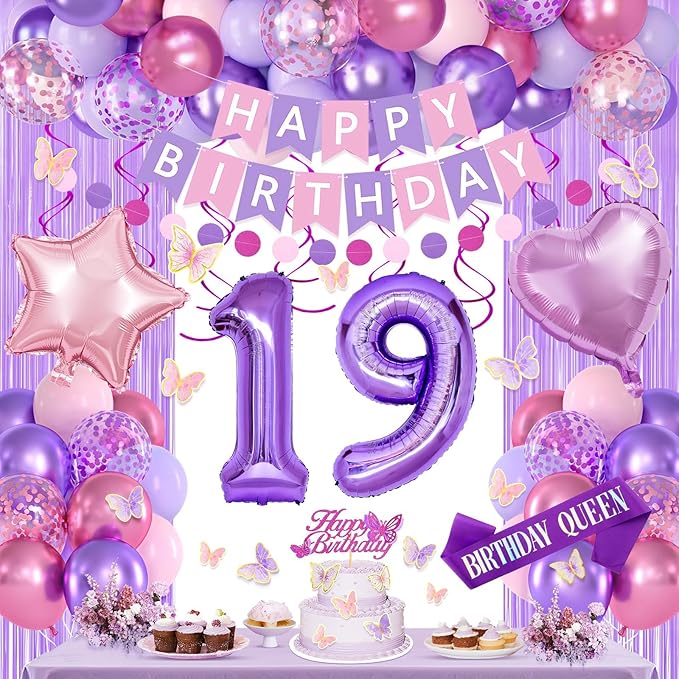 19th Purple Birthday Decorations for Girls, Pink and Purple Happy 19 Birthday Party Decorations with Happy Birthday Banner, Number Foil Balloons, Butterfly Cake Topper for 19th Party Supplies
