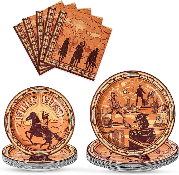 WERNNSAI Western Party Decorations - 48 PCS Cowboy Plates and Napkins First Rodeo Birthday Supplies Wild West Themed Tableware for Kids Boys Birthday Bachelorette Party Decor Serves 16 Guests