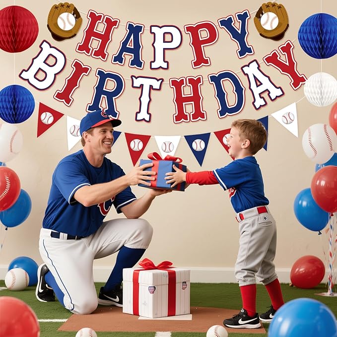 Baseball Birthday Decorations, Baseball Party Decorations Include Banner, Honeycomb Balls, Hanging Swirl Streamers, Circle Dots Garland for Baseball Sports Birthdays Party Supplies for Boys