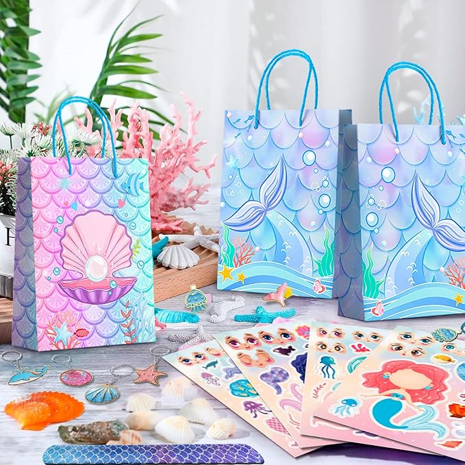 84pcs Mermaid Birthday Party Favor Bag Fillers with Fish Birthday Rings Keychain Bracelets Bags Hair Clips Necklace etc for Mermaid Birthday Decorations Supplies