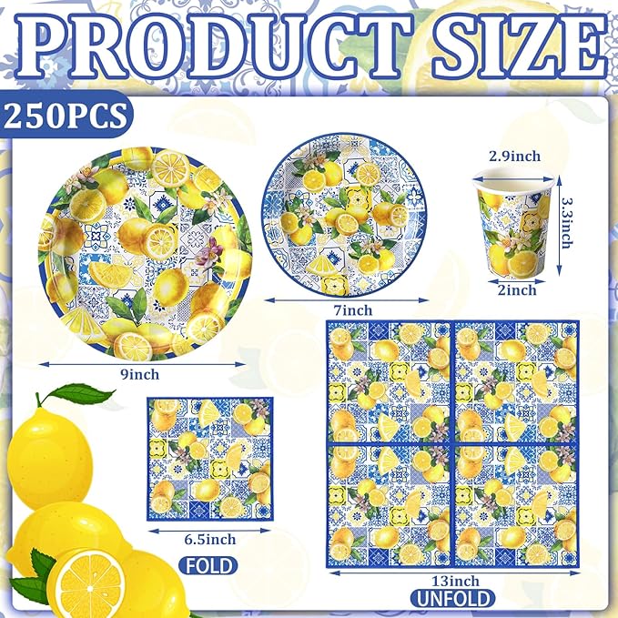 Hsei 250 Pcs Capri Lemon Plates and Napkins Party Decorations Disposable Tableware Sets Festival Birthday Party Supplies Serves 50 Guests Dinnerware Bridal Shower Party Favors