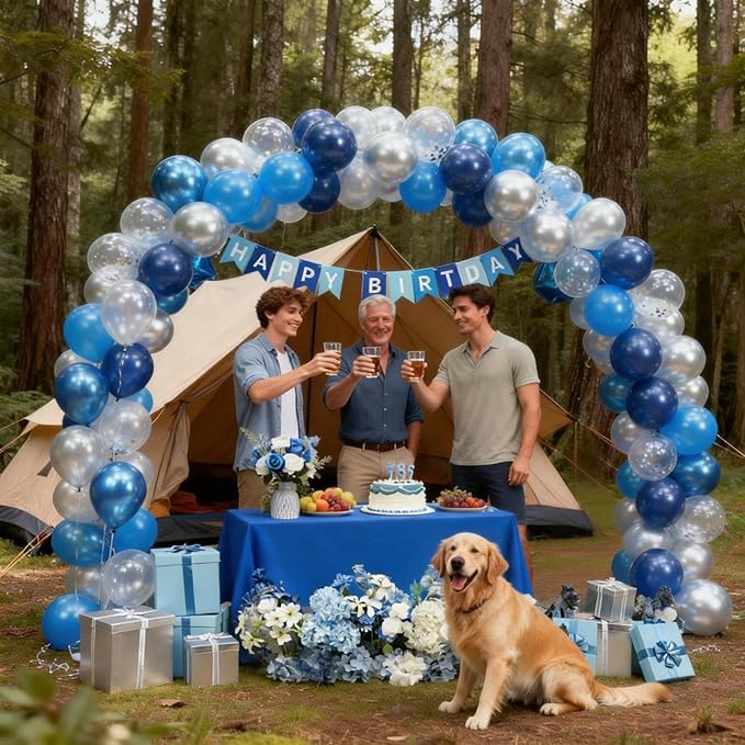 Blue Silver Birthday Decorations for Boys Men,Dark Navy Metallic Confetti Latex Party Balloon Star Heart Foil Balloon Cake Topper Blue Party Supplies Decor