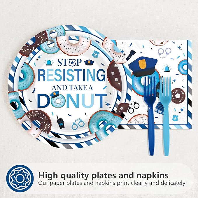 96Pcs Police Party Decorations Donut Party Plates and Napkins Sheriff Tableware for Police Birthday Retirement Decorations