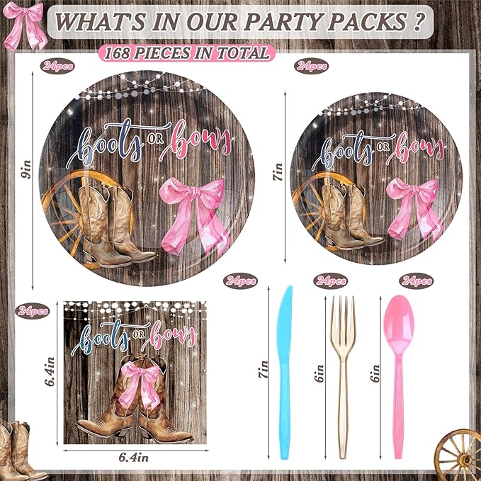 168 Pcs Boots Bows Gender Reveal Birthday Party Supplies Boy or Girl Birthday Party Decorations, Cowboy Boots Pink Bows for Baby Shower Decorations
