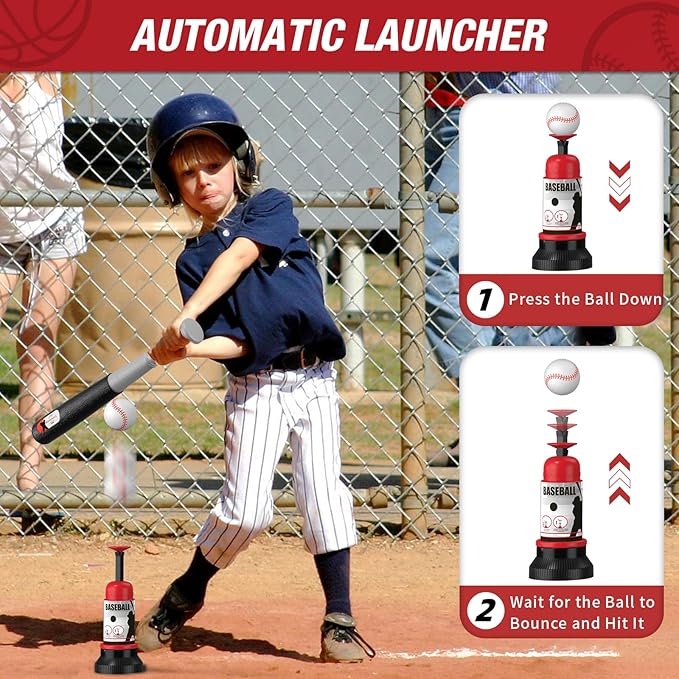 4 in 1 Kids Basketball Hoop and Tball Set for Toddlers 3-5, Adjustable Hanging Tee Ball Stand with Automatic Baseball Pitching Machine, Indoor Outdoor Sport Toys Birthday for Boys