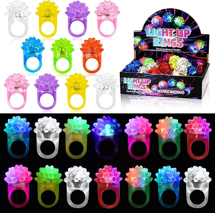 MINGOMINGO 25 Pack LED Light Up Rings & Glow Rings Bulk Party Favors - Non-Candy Easter Egg Fillers & Classroom Rewards, Treasure Box Toys, 3-Mode Flashing Ring Glow Party Supplies