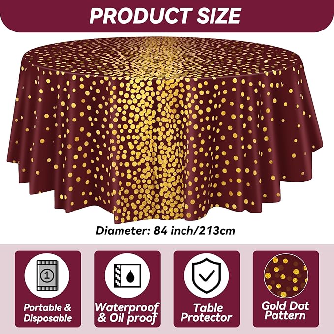 VitalCozy Round Dot Tablecloth 84 Inch Plastic Table Cover Polka Dot Confetti Tablecloths for Easter 2026 Graduation Prom Wedding Birthday Spring Party Supplies(Maroon and Gold,3 Pcs)