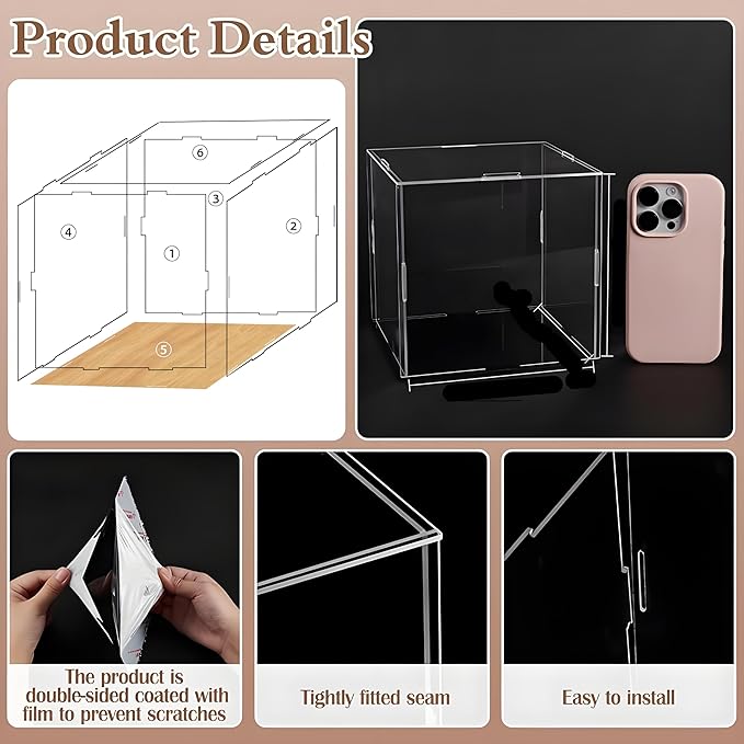 Thickened Clear Acrylic Display Case Box with Wood Base Transparent Protection Showcase Organizer Self-Assembly Dustproof for Collectibles Toys, 4x4x14in(Length x Width x Height)