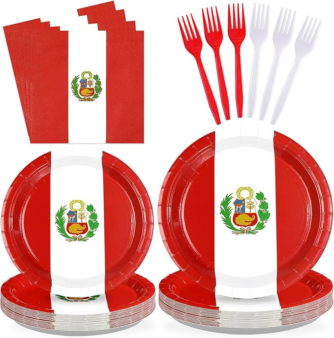 96Pcs Peru Flag Party Supplies Peruvian National Day Plates and Napkins Peru Red and White Tableware Set for Peruvian National Sports Events Patriotic Festival Party Decorations，Serves 24