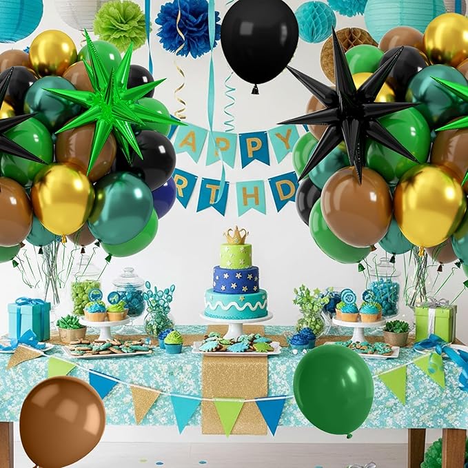 Green and Brown Balloons, 12 Inch Jungle Safari Woodland Balloon with Brown Black Dark Green Confetti Balloons Metal Balloon for Video Game Theme Birthday Wild One Party Decorations