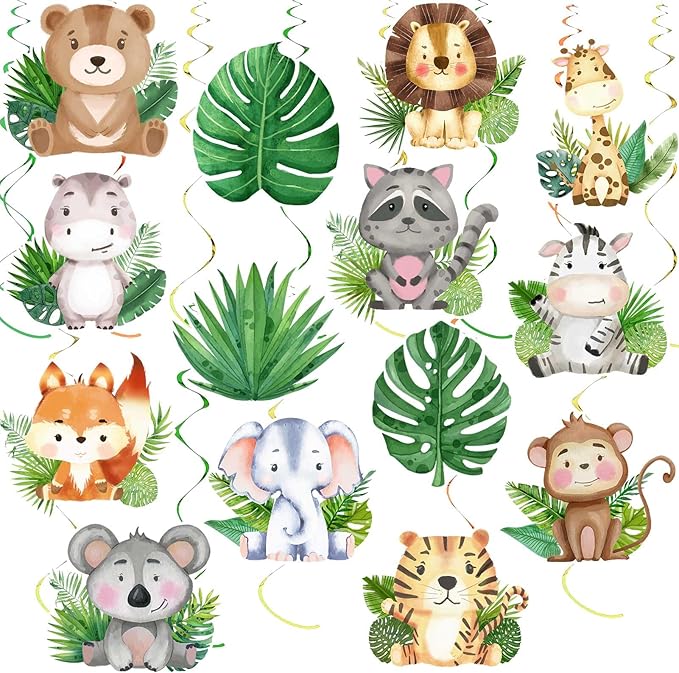 35Pcs Jungle Animals Hanging Swirl Wild One Party Birthday Decor Jungle Safari Animal Themed Wild One Birthday Party Swirls Streamers Supplies for Baby Shower Decorations