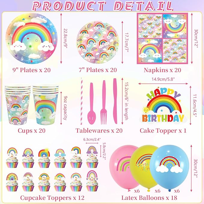 Rainbow Birthday Party Decorations - Rainbow Party Supplies including Backdrop, Plate, Cake Topper, Cup, Napkin, Balloon, Tablecloth - Serves 20