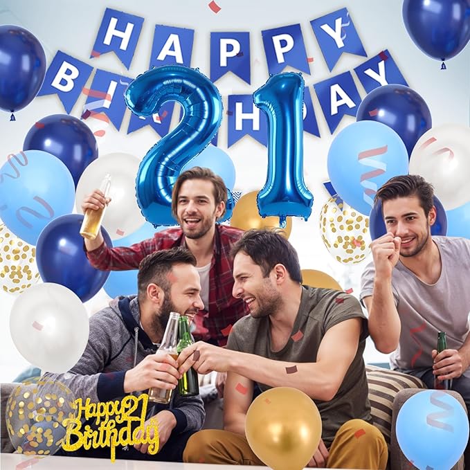 21st Birthday Decorations, Dark Happy Birthday Party Decorations With Number 21 Balloons Metallic Gold Pearl White Light Blue Fringe Curtain Banner Cake Topper For Man Woman Party Supplies
