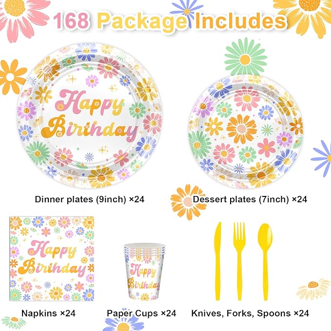 Avezano 168 PCS Daisy Birthday Party Decorations Retro Hippie Plates Napkins Tableware Set for Groovy Daisy Birthday Party Supplies, Serves 24