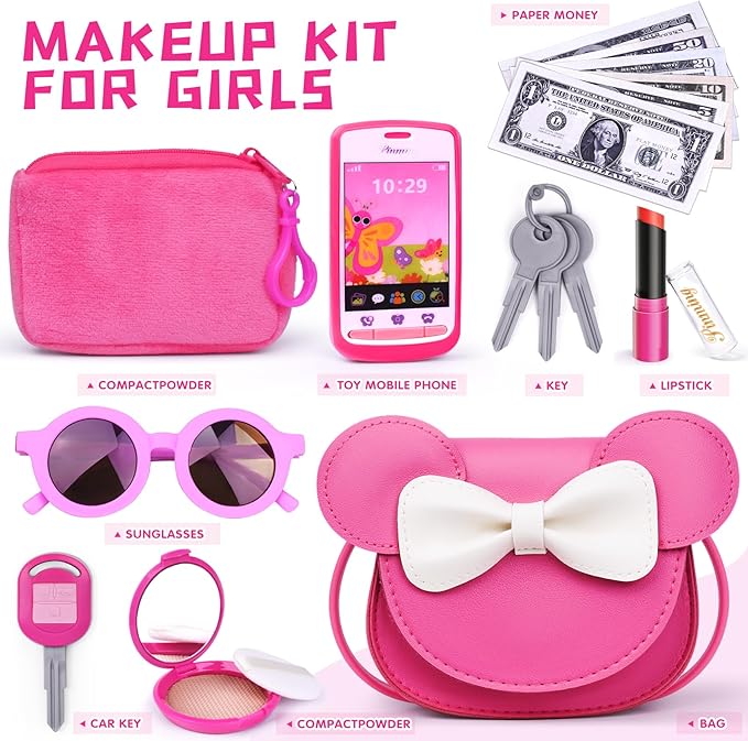 Pretend Play Toddler Girl Purse with Makeup Toys Set, Little Girls Purse Toys for 3 4 5 6 7 Year Old Girl Gifts, Kids Purse for Christmas, Birthday Gifts for Ages 3-5 4-5 6-8 Rose Red