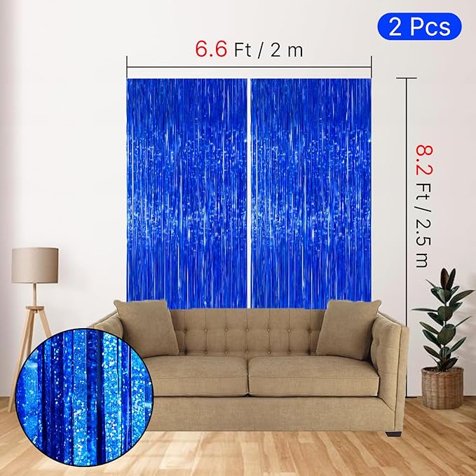 PartyWoo 2 pcs Royal Blue Foil Fringe Curtain, Metallic Foil Tinsel Fringe Backdrop Door Fringe for Birthday Wedding Party Photo Backdrop, Blue Streamers Party Decorations