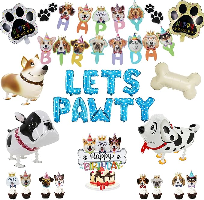 Lets Pawty Dog Birthday Party Decorations Boy Girl, Pawty Puppy Themed Happy Birthday Banner, Dog & Paw Print Balloons, Cake Toppers (Blue)