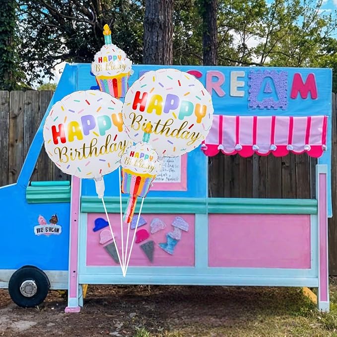 Happy Birthday Cupcake Cute Foil Balloons, Rainbow Sprinkle Happy Birthday Inflatable Mylar Round Balloon and Mini Cupcake Helium Balloons for Kids Children Girls Sweet birthday Party Decorations